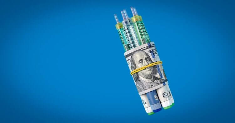 Conceptual image of Insulin wrapped in money